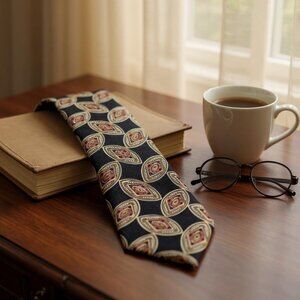 7th Ave Men's Retro Black Print Silk Tie. Made in the USA.